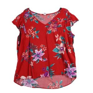 Old Navy Red Floral Flutter Sleeve V-Neck Blouse Women Large Tropical Rayon Top